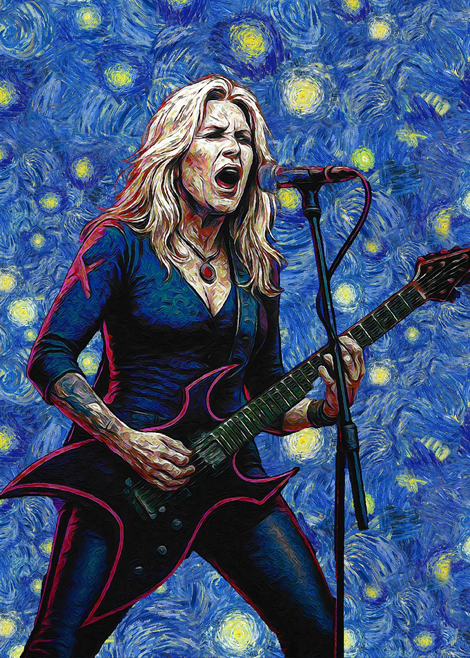Female Guitarist in Starry Night Style