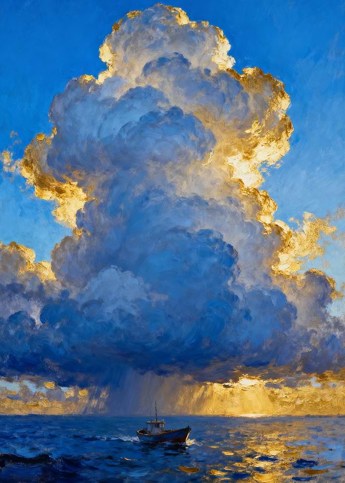 Boat Under Towering Cloud Painting