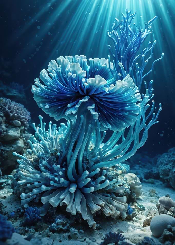 Ethereal Blue Sea Anemone - Underwater Coral Digital Art Print