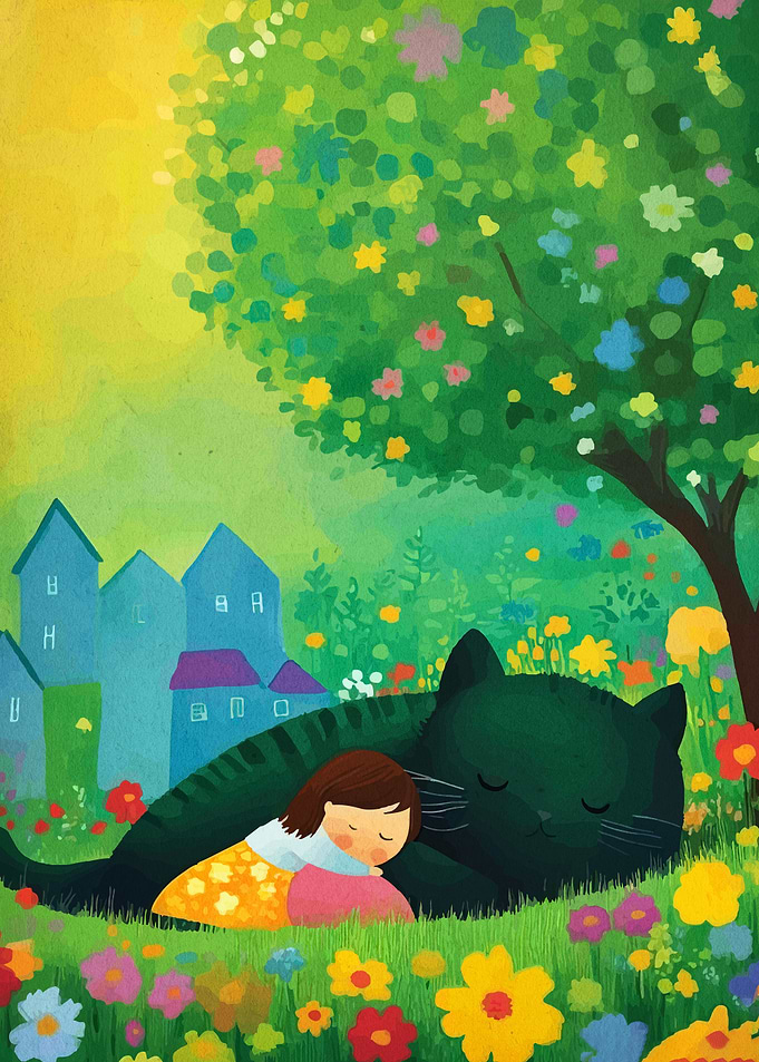 Girl and Cat Sleeping in Meadow