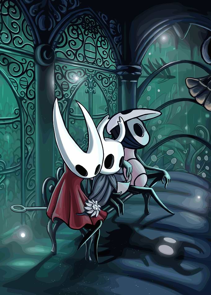 Hollow Knight characters on a bench