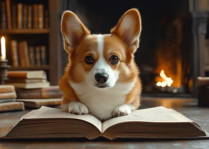 Corgi Reading Book by Fireplace