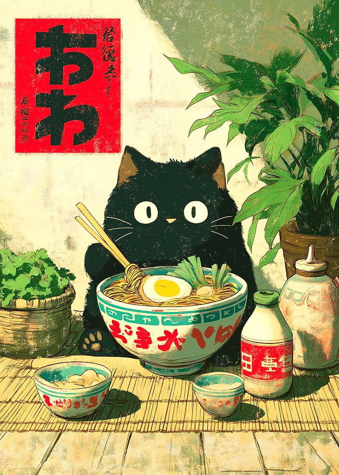 Black Cat with Ramen Bowl Illustration