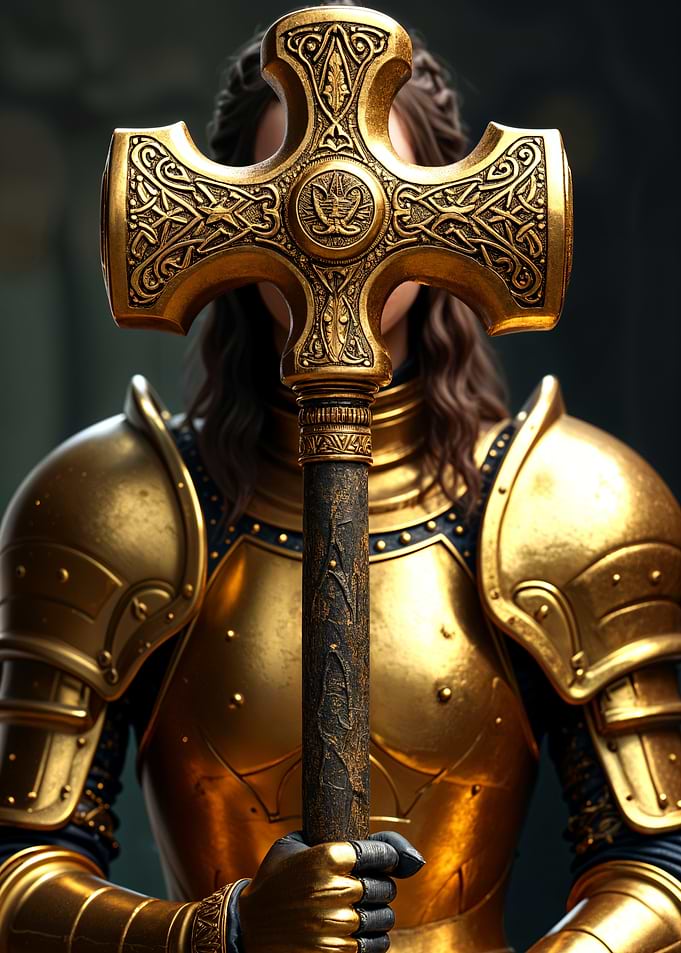 Golden Armored Warrior with Ornate Hammer