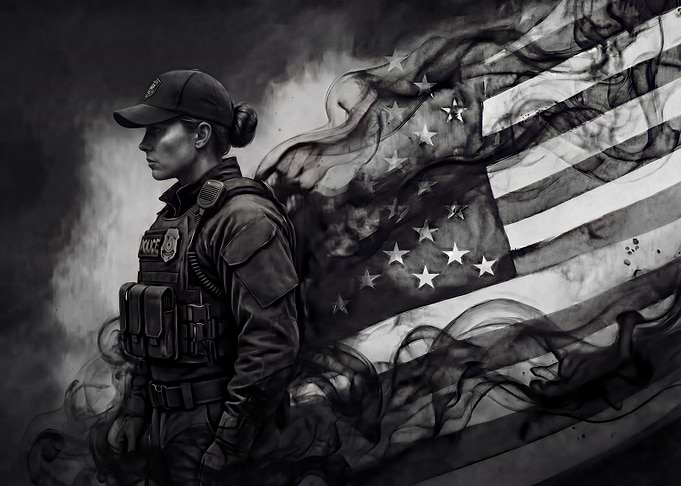 Steadfast Resolve: Female Police Officer with Smoke-Formed Flag