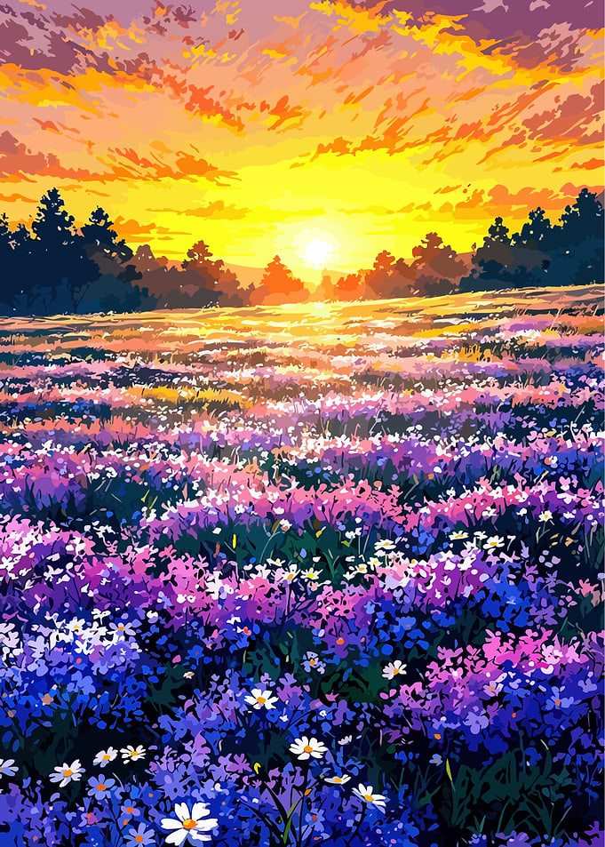 Floral Field at Sunset Painting