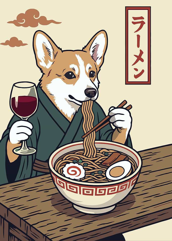 Corgi eating ramen with wine