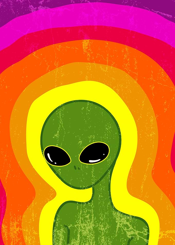Retro Vintage Poster – Colorful Green Alien Illustration