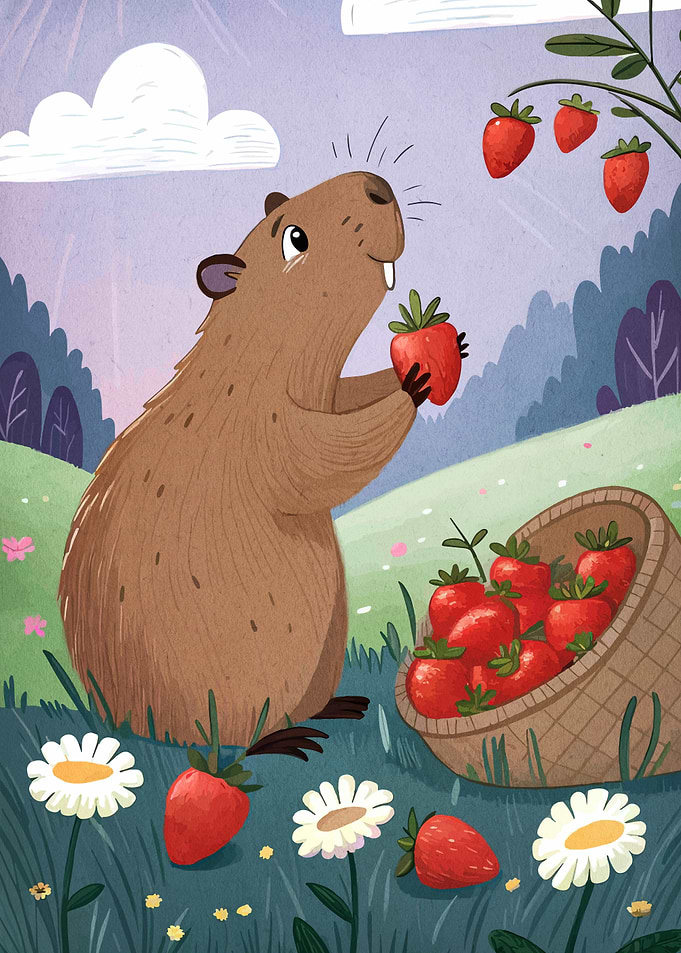 Capybara with Strawberries Illustration