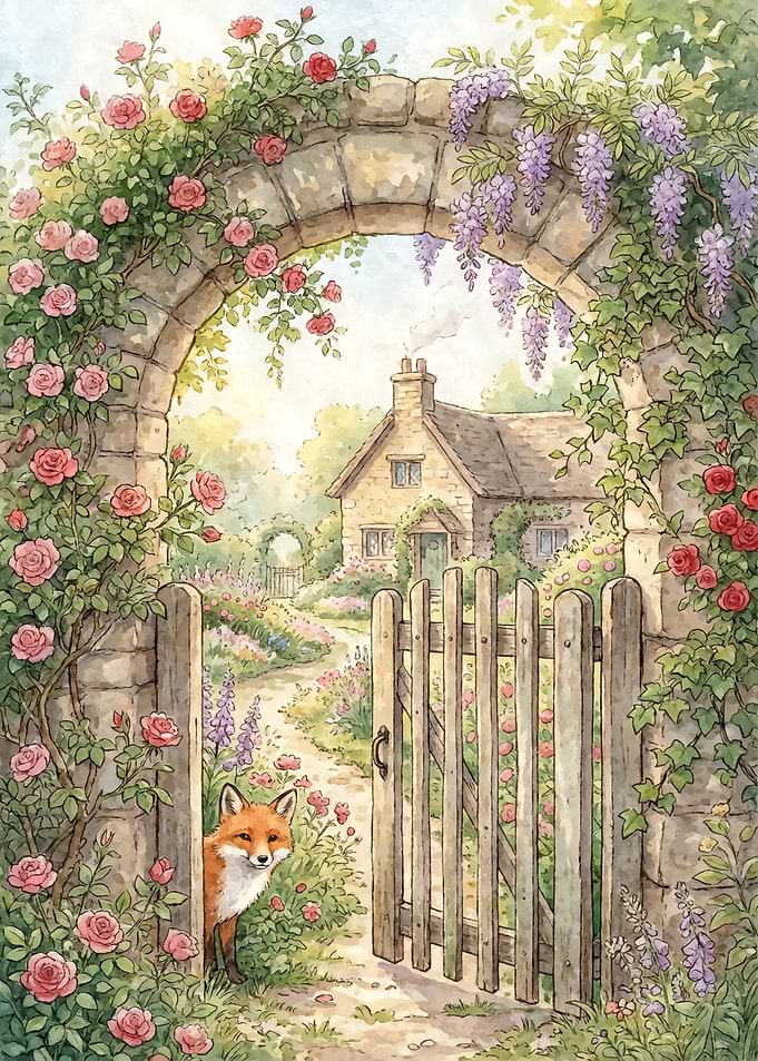 Watercolor Cottage Garden with Fox