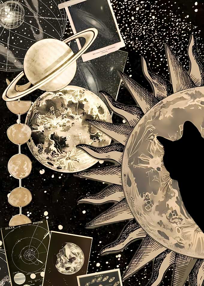 Celestial Collage with Cat Silhouette