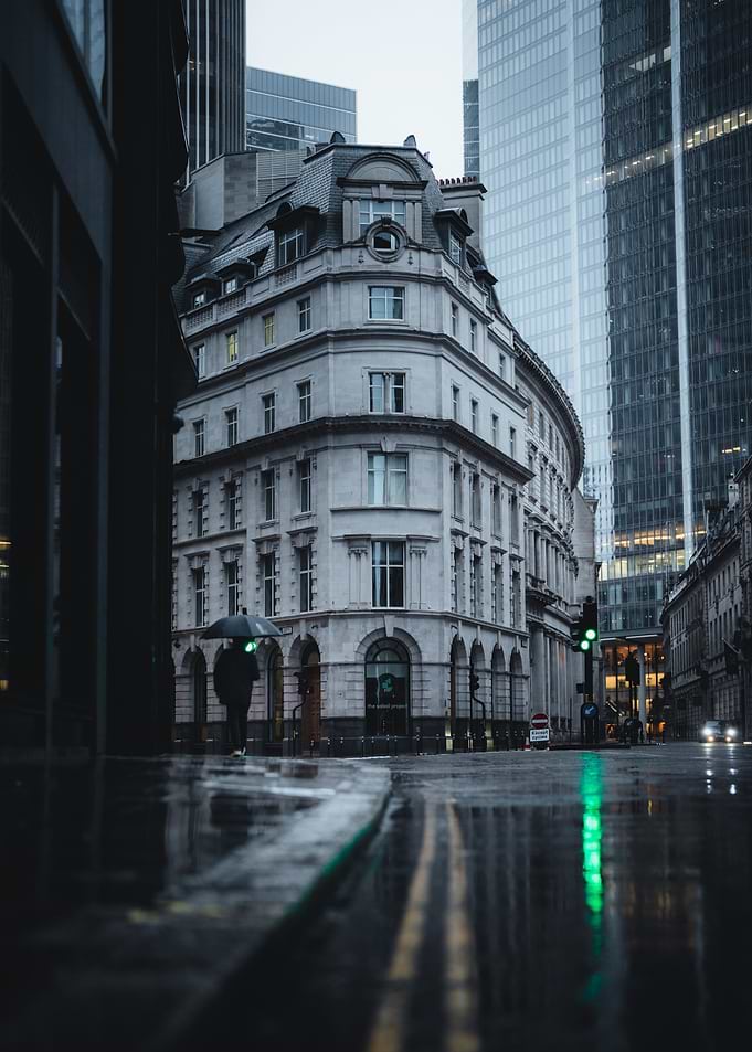 Rainy Cityscape with Classic Architecture