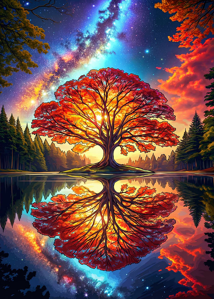 Magic Autumn Tree of Life at Lake Reflection Nature