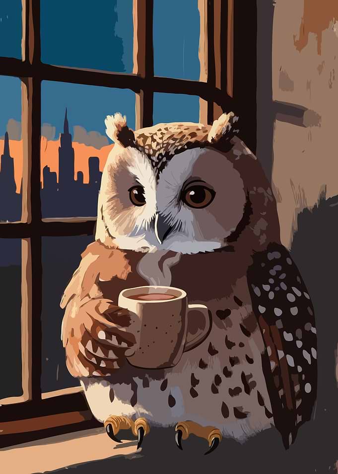 Owl with Coffee by the Window