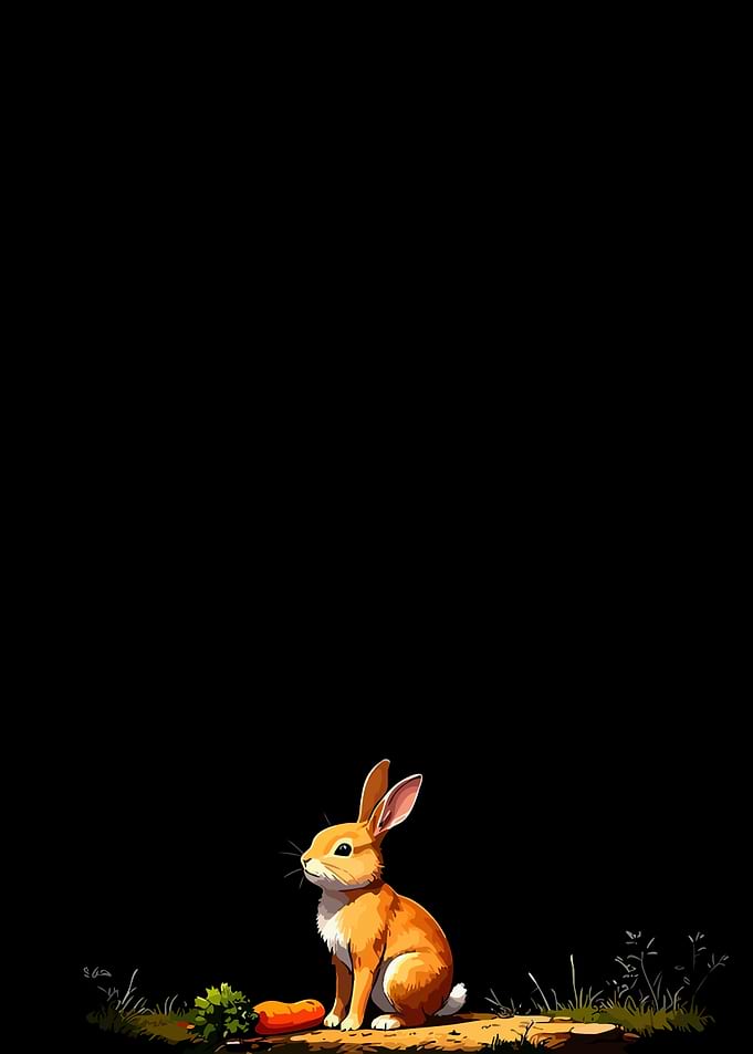 Rabbit with Carrot on Black Background