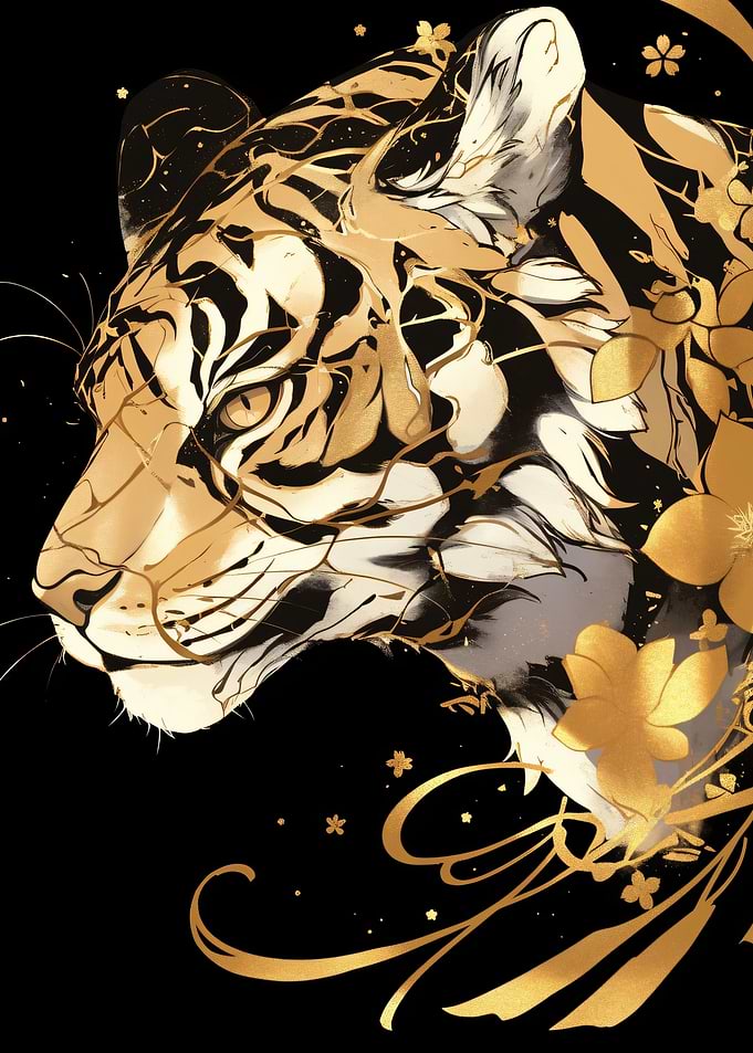 Golden Tiger Floral Illustration on Black