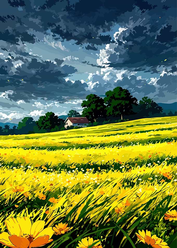 Yellow Flower Field Under Cloudy Sky