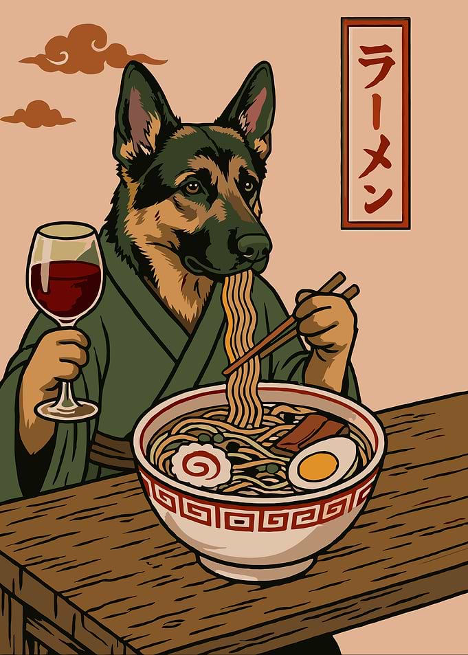 Dog Eating Ramen with Wine