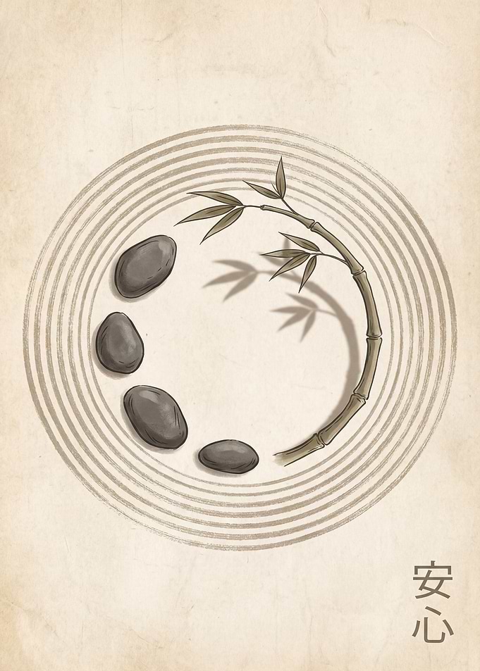 Zen Garden with Bamboo and Stones