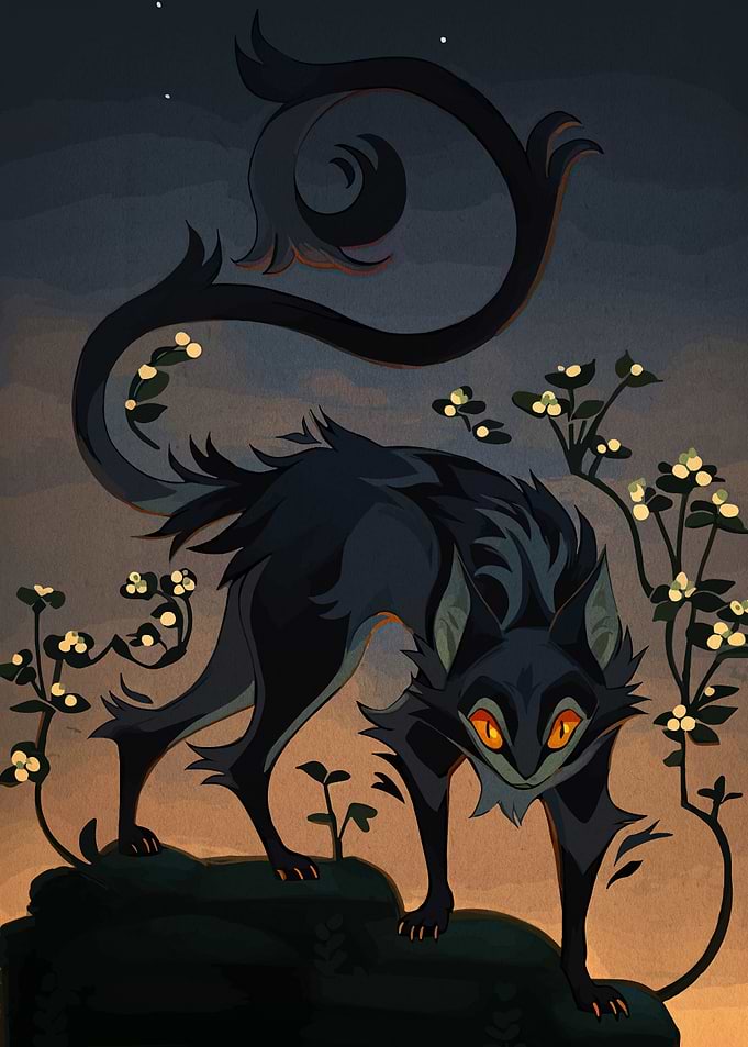 Stylized Black Cat with Curled Tail