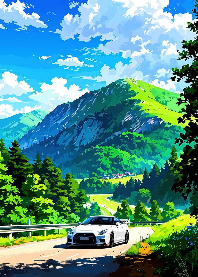 White Nissan GTR on Mountain Road