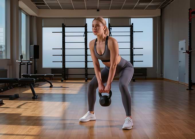 Woman exercising with kettlebell in gym