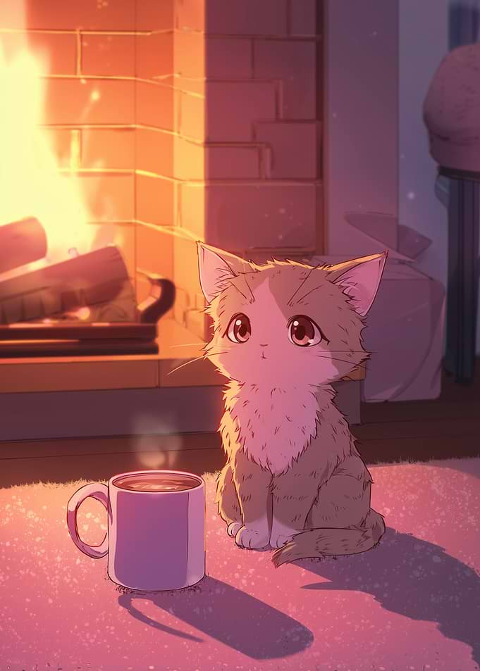 Cozy Cat by Fireplace with Coffee
