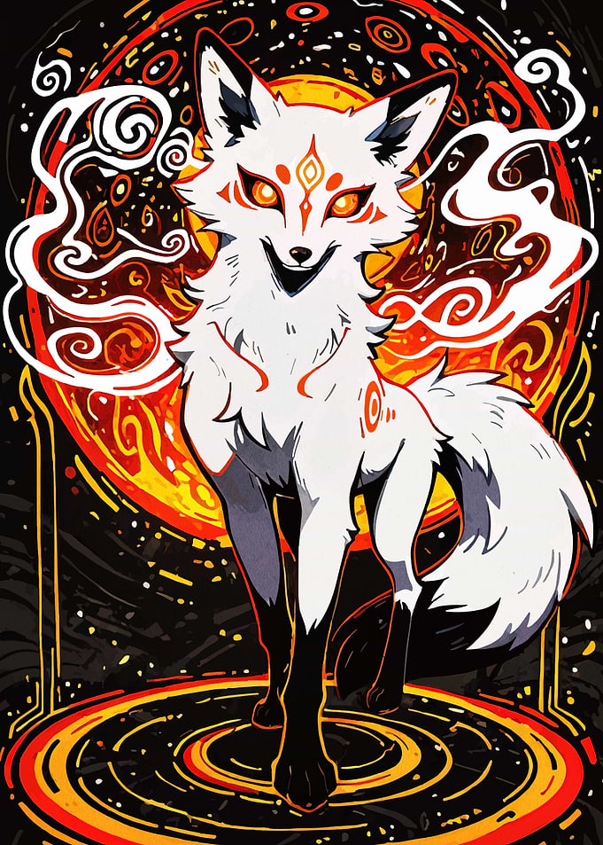 White Fox Spirit with Fiery Aura