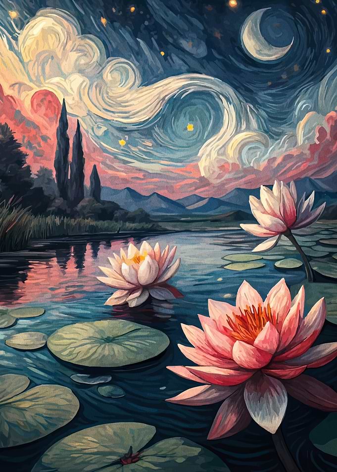 Water Lilies Under Starry Night Sky