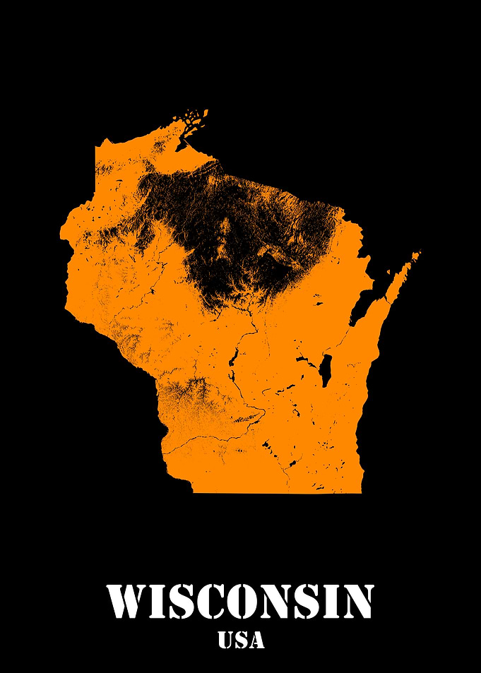 Wisconsin USA State Minimalist Black Orange Topographic Contour Relief Map featuring terrain in orange color