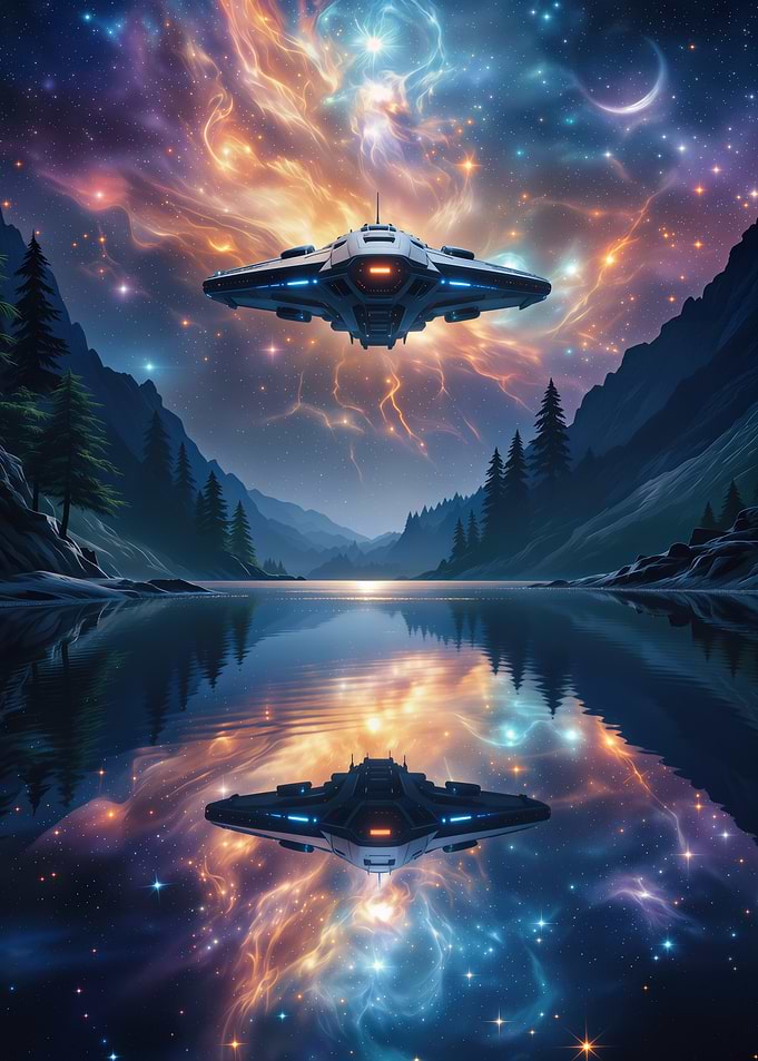 Spaceship over lake with nebula reflection