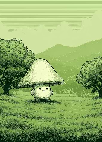 Cute Mushroom Character in Green Landscape