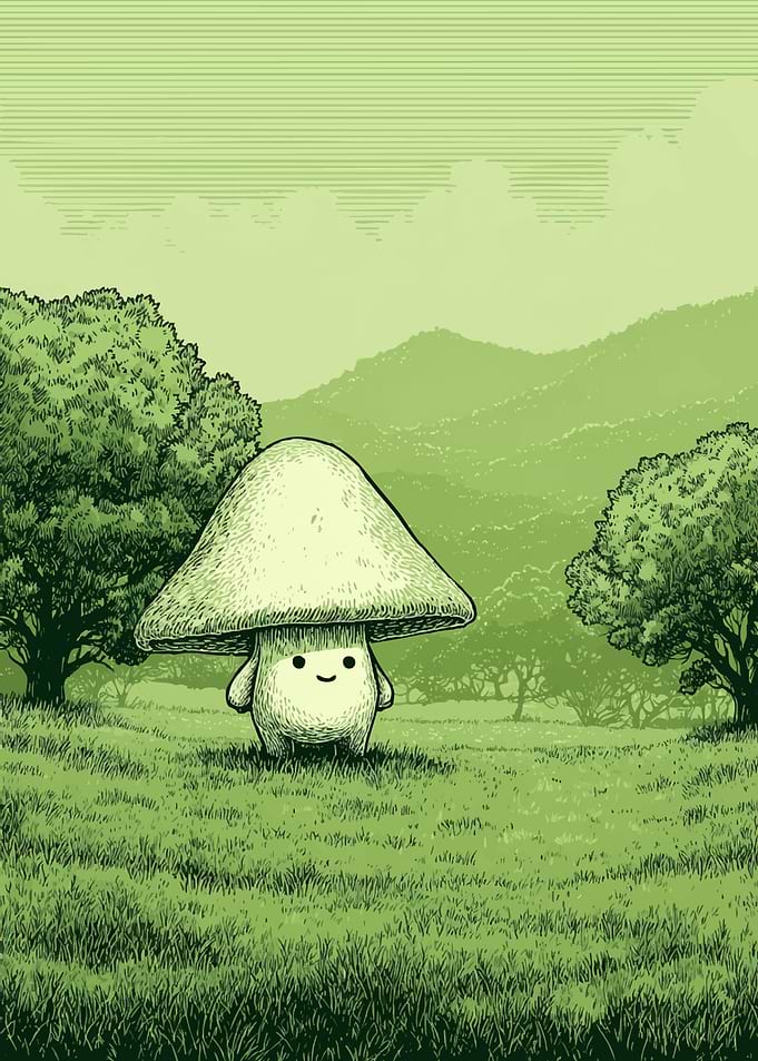 Cute Mushroom Character in Green Landscape