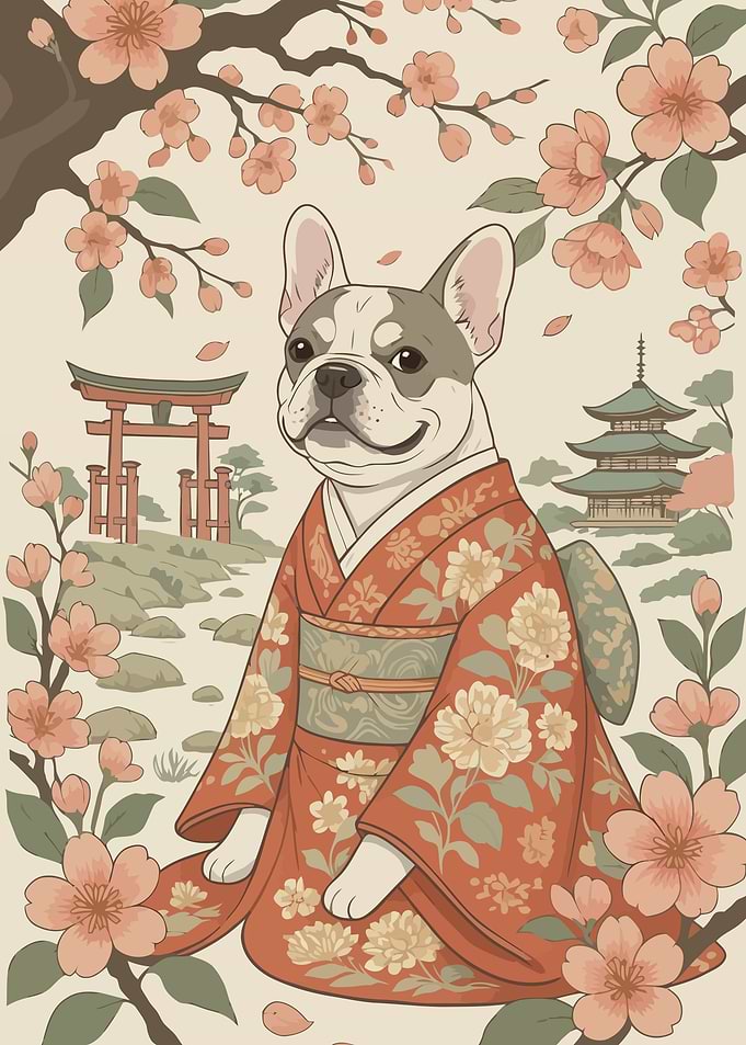 Dog in Kimono with Cherry Blossoms