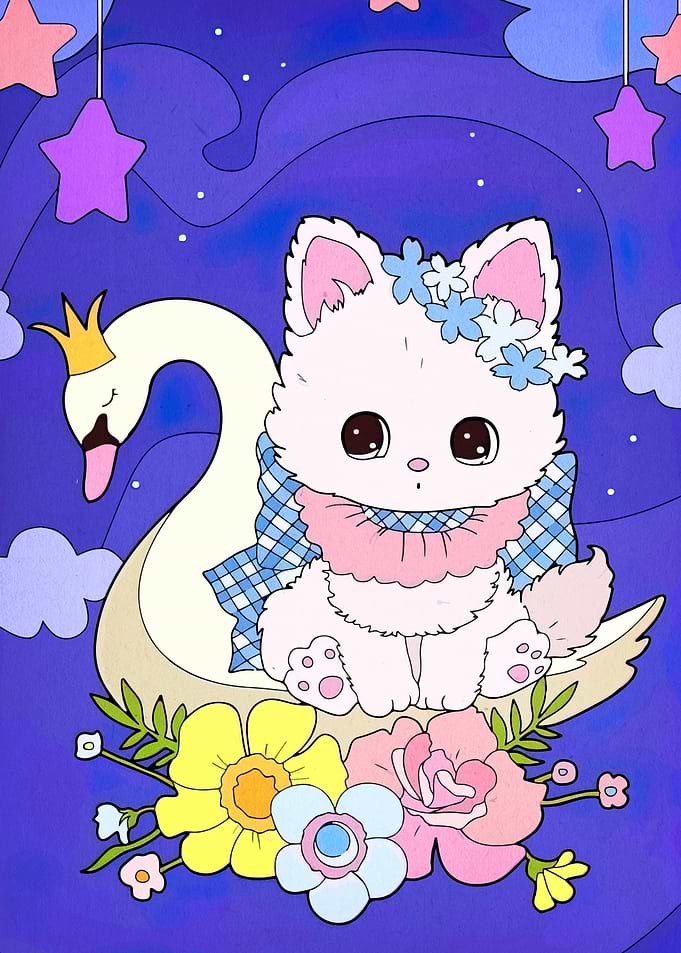 Cute Kitten on Swan with Flowers