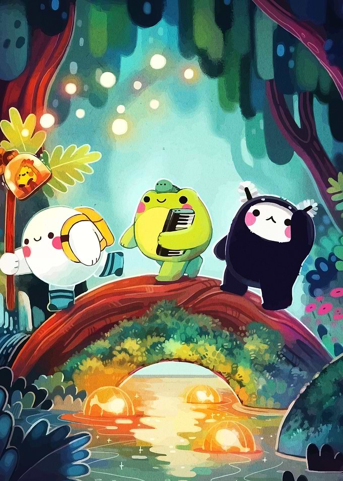 Cartoon characters on a bridge