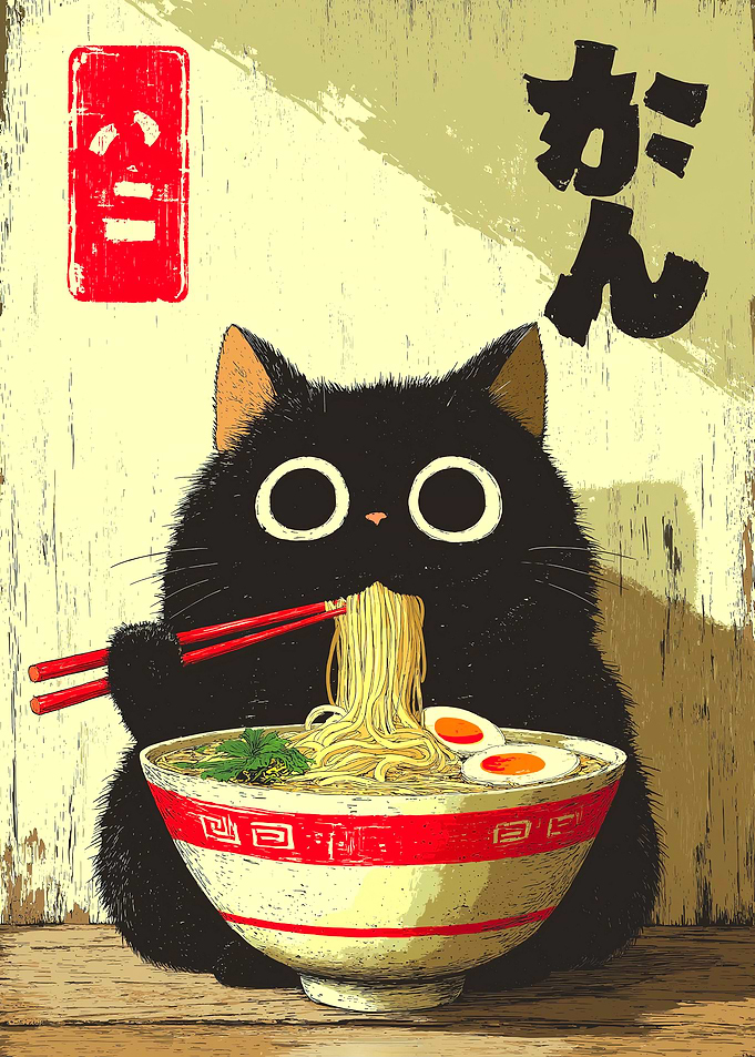 Cat eating ramen illustration