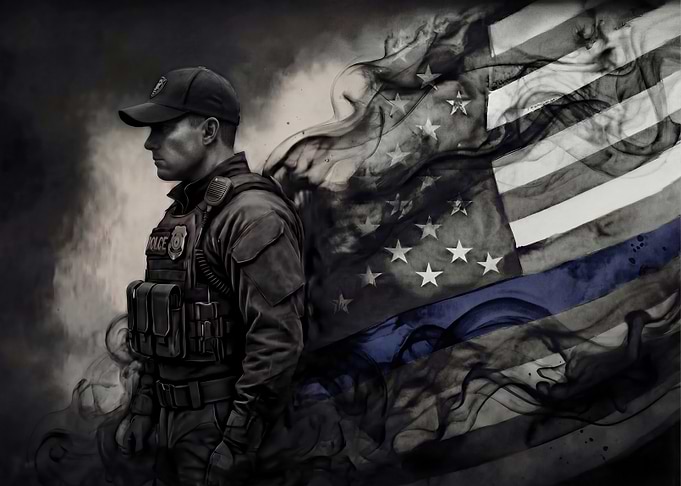 Blue Line Protector: Police Officer with Smoke-Formed Flag
