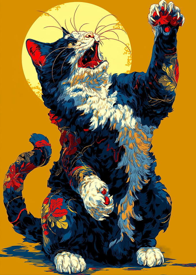 Stylized Cat Illustration with Floral Accents