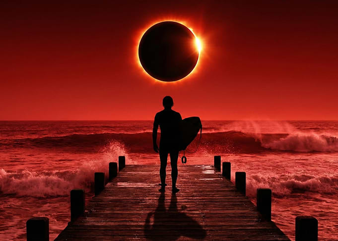 Surfer on pier during solar eclipse