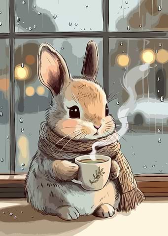 Cozy Rabbit with Coffee on Rainy Day v3