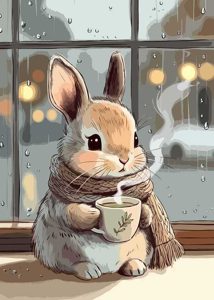 Cozy Rabbit with Coffee on Rainy Day v3