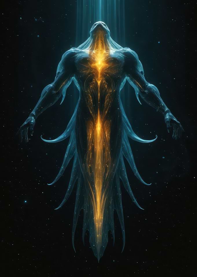 Ethereal Cosmic Guardian - Glowing Futuristic Deity Illustration