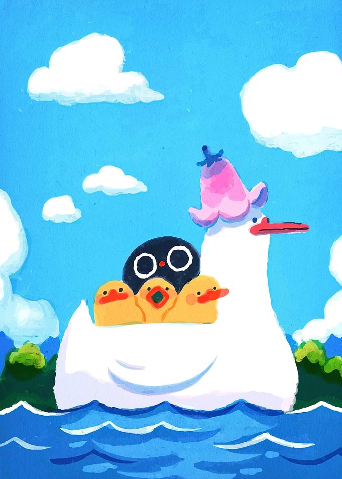 Duck, Penguin, and Ducklings Illustration