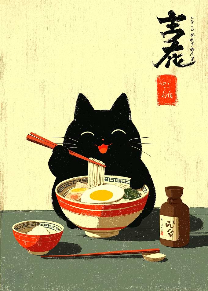Black Cat Eating Ramen Illustration