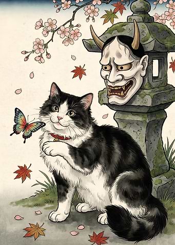 Cat, Butterfly, and Oni Mask Illustration