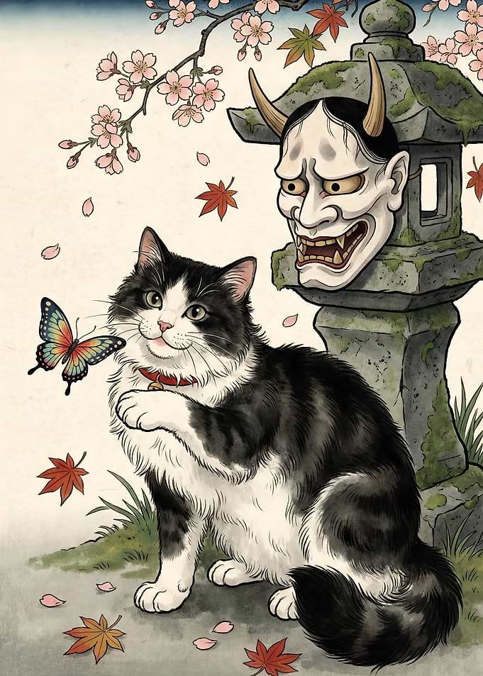 Cat, Butterfly, and Oni Mask Illustration