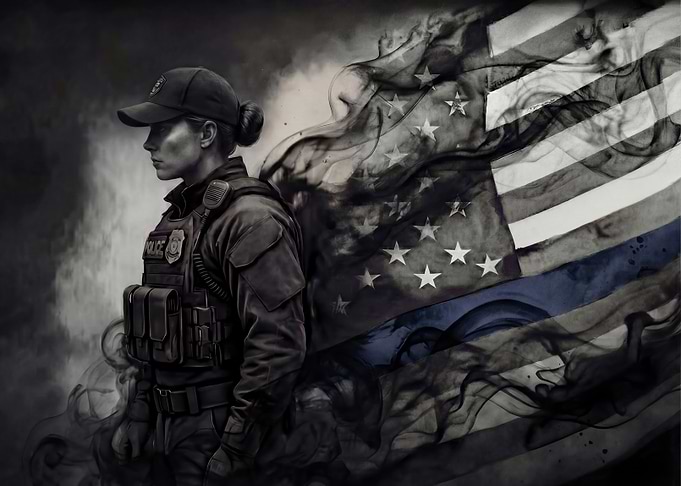 Blue Line Guardian: Female Officer with Smoke-Formed Flag