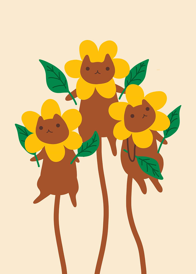 Cute Cat Sunflowers Illustration