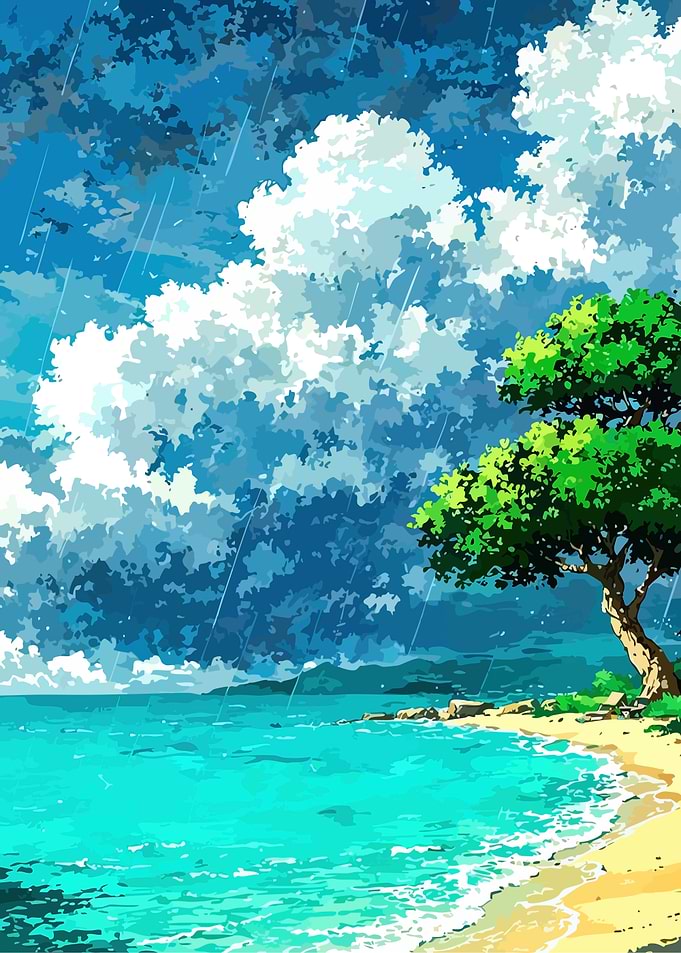 Anime Beach Landscape with Rain
